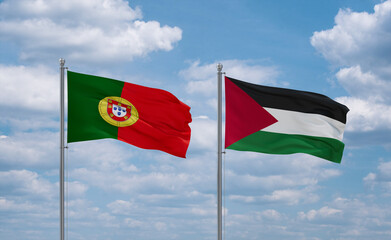 Palestine and Portugal flags, country relationship concept