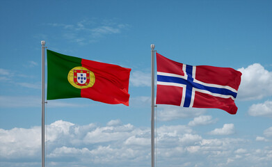 Norway and Portugal flags, country relationship concept