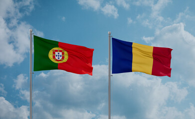 Romania and Portugal flags, country relationship concept