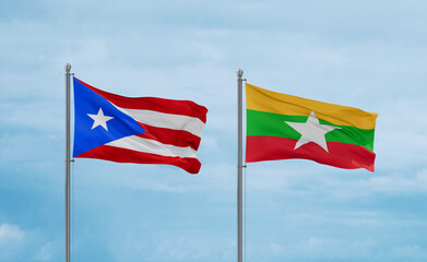 Myanmar and Puerto Rico flags, country relationship concept