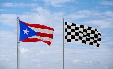 Checkered racing and Puerto Rico flags, country relationship concept