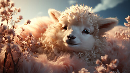 Cute White Lamb in a Field of Clouds: A Surreal Image