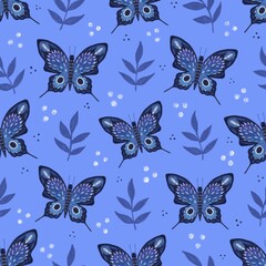 Illustration pattern of blue fantasy butterflies with plants and white dots on the blue-lilac background.