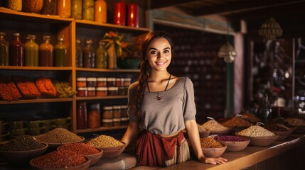 young smiling woman spice seller standing at the spice counter