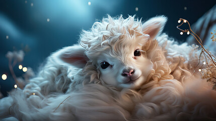 Cute White Lamb in a Field of Clouds: A Surreal Image