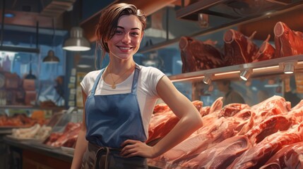 young smiling woman butcher standing at the meat counter