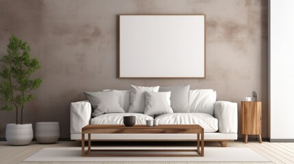 wooden square coffee table near white sofa in room with grey wall with art poster. Minimalist elegant home interior design of modern living room