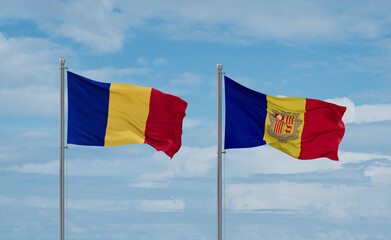 Romania and Andorra national flags, country relationship concept