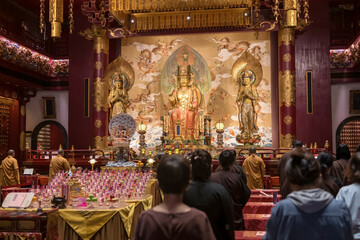 People and Monks pray in Buddha tooth relic temple, Singapore