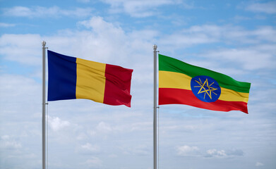 Ethiopia and Romania flags, country relationship concept