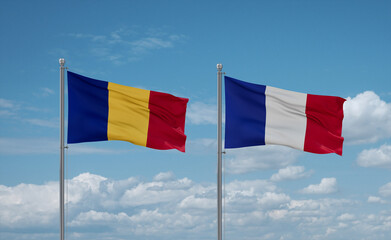 Romania and France flags, country relationship concept