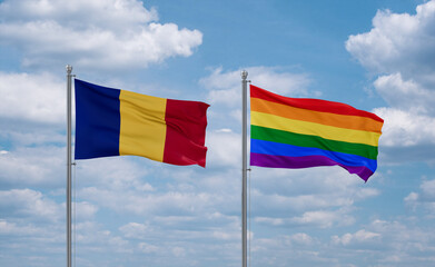 Gay Pride and Romania flags, country relationship concept