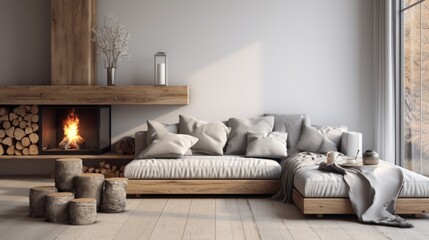 grey daybed sofa against fireplace, rustic scandinavian home interior design of modern living room