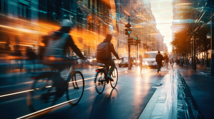 Blurred shots of businesspeople riding bicycles in a city. - obrazy, fototapety, plakaty