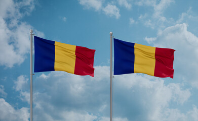 Two Romania flags, country relationship concept