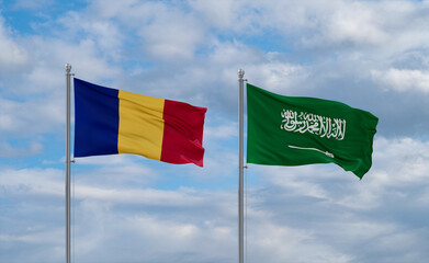 Romania and Saudi Arabia flags, country relationship concepts