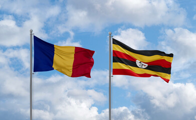 Uganda and Romania flags, country relationship concept