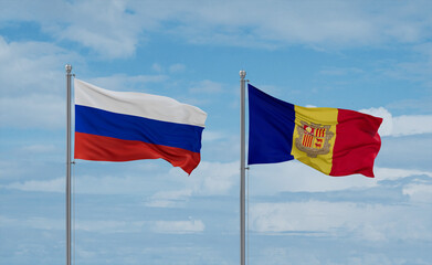 Russia and Andorra national flags, country relationship concept
