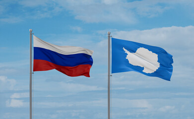 Russia and Antarctica flags, country relationship concept