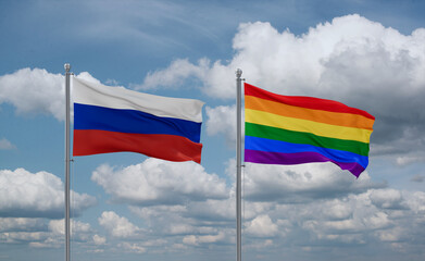 Gay Pride and Russia flags, country relationship concept