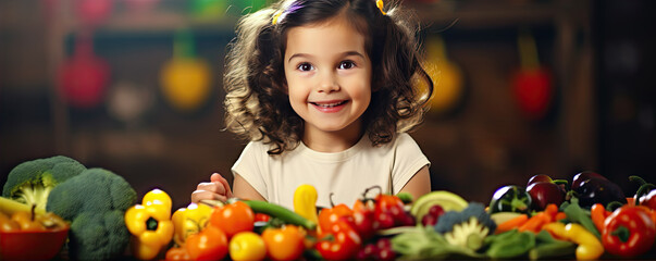 Little girl eats raw vegetable or healthy food in kitchen.