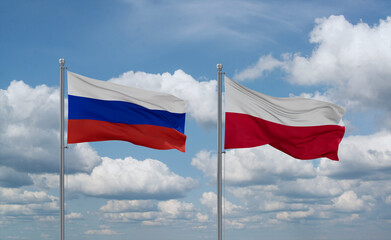 Poland and Russia flags, country relationship concept