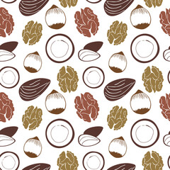 Seamless pattern repeating tile with variety of nuts in brown colors. Outline, silhouette. For snack, chocolate bar, sweets, vegan milk, food design. Vector illustration isolated on white background