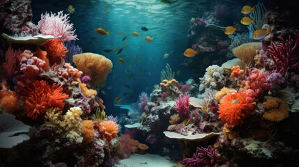 Vibrant underwater ecosystem illuminated by sunlight. Diverse coral formations surrounded by schools of fish.