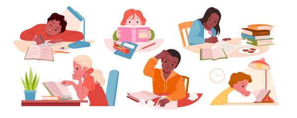 Children study set vector illustration. Cartoon isolated education scenes with students collection, kid with bored face thinking, boys and girls sitting at desk to write and read, doing homework