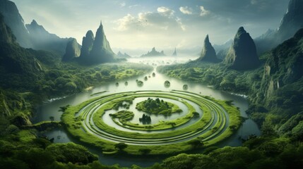 Fototapeta na wymiar circular hill made of grass with a raging river