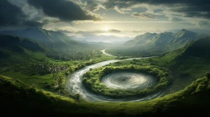 circular hill made of grass with a raging river - obrazy, fototapety, plakaty
