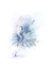 Watercolor ballerina in blue, illustration. Watercolor blue paint splash. Silhouettes of ballerinas and dancers. Ballet. Girl on a white background in a fluffy skirt