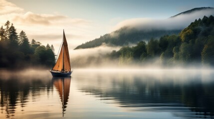 a sailboat on a misty dawn lake - obrazy, fototapety, plakaty