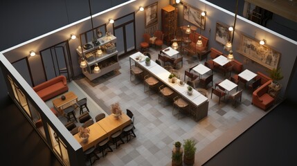 floor plan 3d design for small cafe with visible window seats - obrazy, fototapety, plakaty