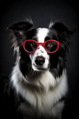 black and white dog with red glasses