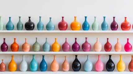 colorful ceramic vases lined up on white shelf