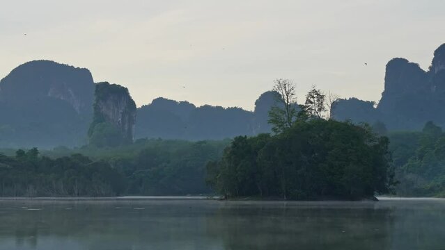 Blue mist on river, mountain silhouettes on the water, a flock of birds fishing