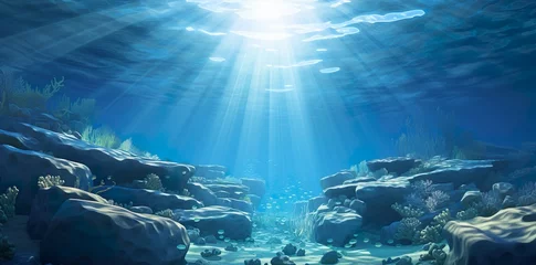 Poster Scenic Underwater Beauty Sunlit Blue Ocean Background, Beautiful blue ocean background with sunlight and undersea scene © Ikhou