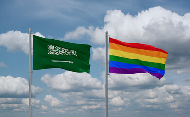 Gay Pride and Saudi Arabia flags, country relationship concept