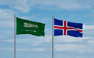 Iceland and Saudi Arabia flags, country relationship concept