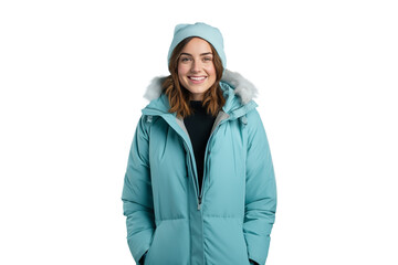young woman in blue parka with hat, winter fashion