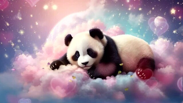 Baby lullaby cartoon animation, cute panda animal sleeping on the clouds with the light of the stars. Seamless looping virtual video background