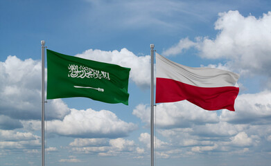 Poland and Saudi Arabia flags, country relationship concept