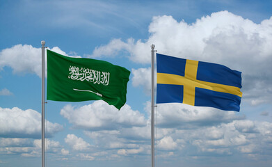 Sweden and Saudi Arabia flags, country relationship concept
