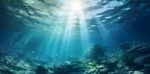 Scenic Underwater Beauty Sunlit Blue Ocean Background, Beautiful blue ocean background with sunlight and undersea scene