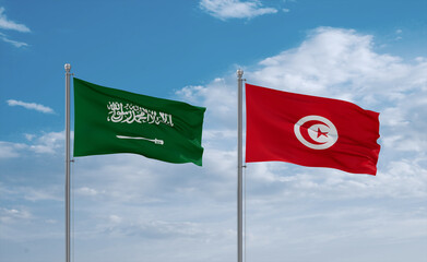 Tunisia and Saudi Arabia flags, country relationship concept