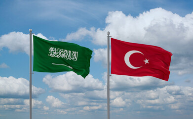 Turkey and Saudi Arabia flags, country relationship concept