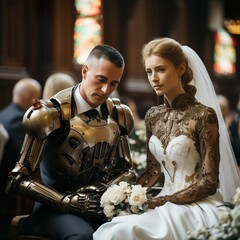 Fototapeta premium Human man and half cyborg woman getting married , AI generative