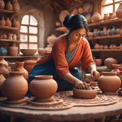 Charming handicraftsman shows how to work with clay and pottery wheel. A woman working on a potter wheel in pottery workshop. A Family business shop sculpts pot from clay Generative AI

