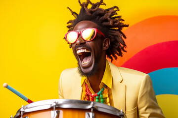 A joyful carnival-goer playing a samba drum, love and creativity with copy space